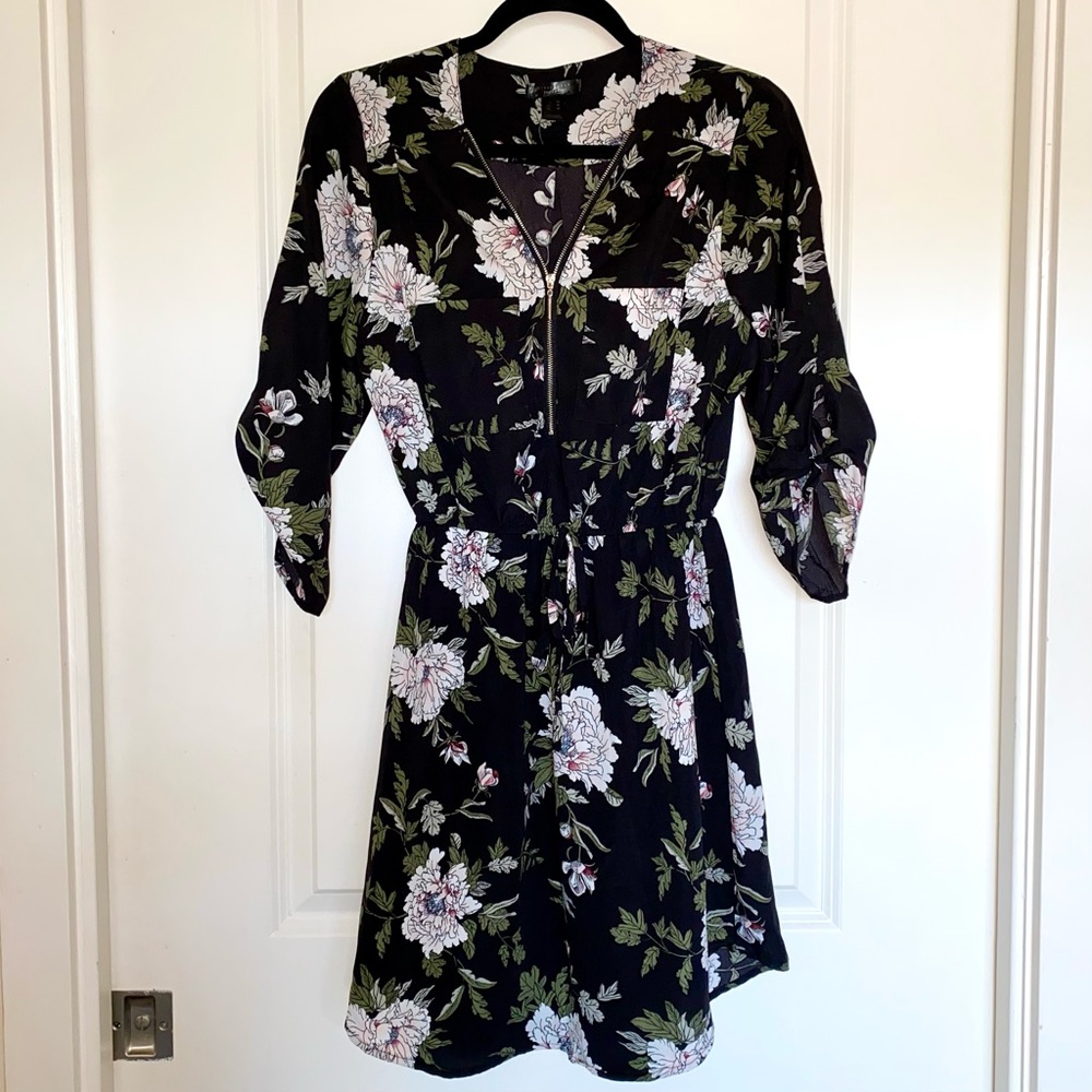 Streetwear Society Black Floral 3/4 Sleeve Mini Dress, MEDIUM